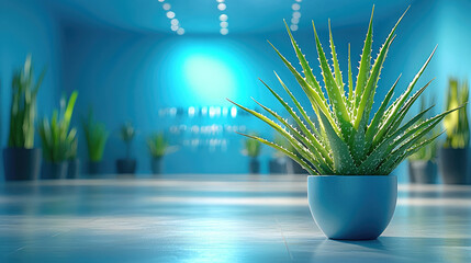 Aloe vera plant in a modern pot on a blue interior with focus on plants