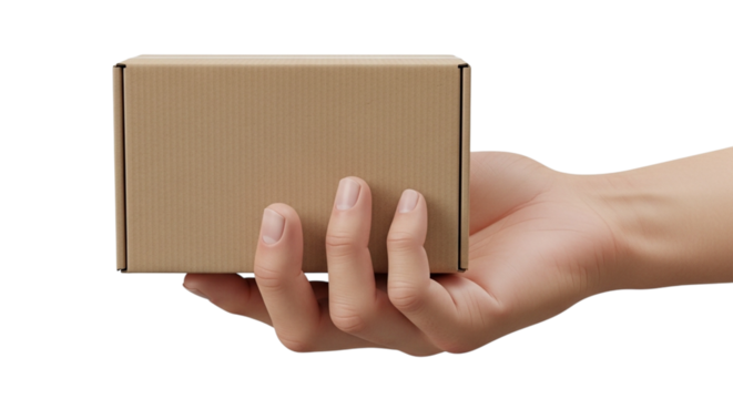 Hand holding a small cardboard box isolated on transparent background