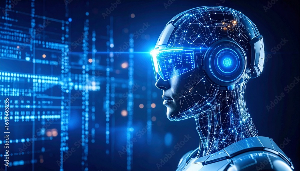 Poster a futuristic robot with advanced technology and digital interface