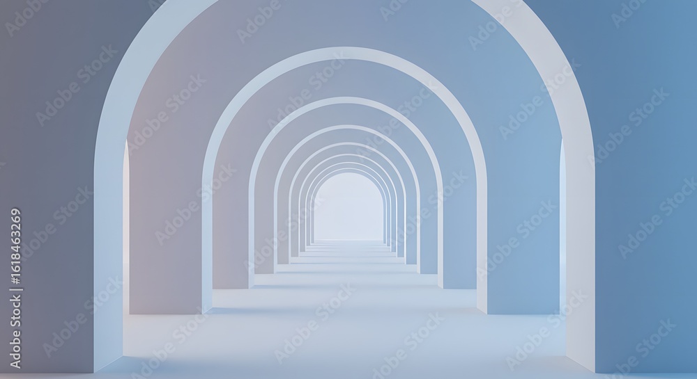 Poster a series of white arches creating a tunnel perspective with gradient lighting, leading to a bright, 