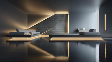 Ultra-modern room with floating furniture, geometric design, serene lighting, reflective floor