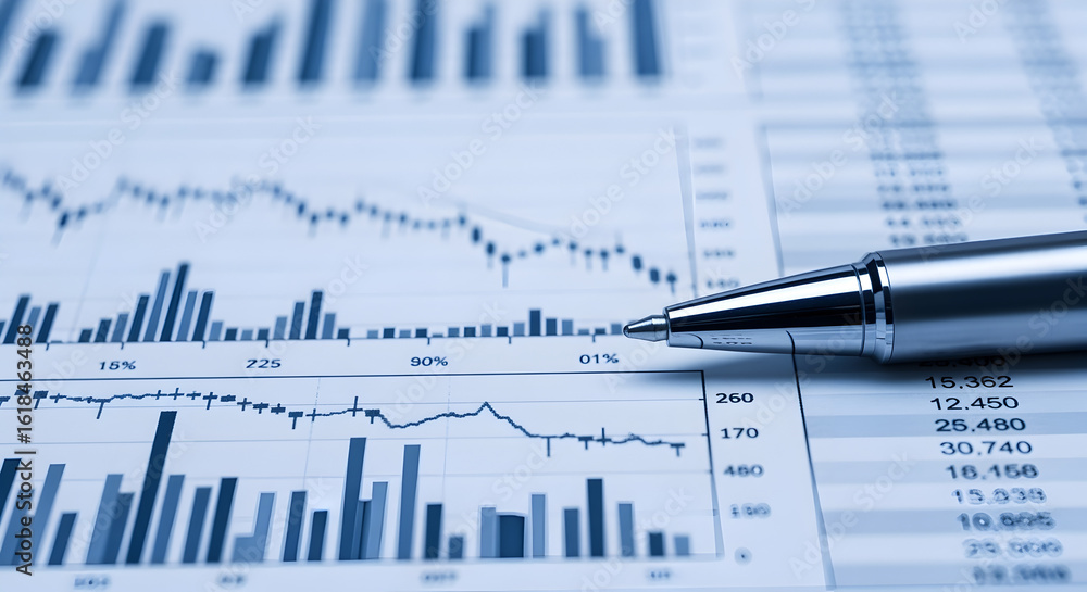 Poster detailed blue business charts graphs and pen on financial report document for data analysis and trac