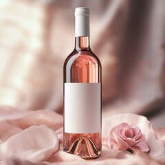 Bride gift wine bottle mockup with blank label and soft pink floral decor.