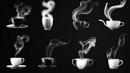 Set of wavy steam on water, tea, coffee, food. Realistic icons of white hot smoke isolated on transparent backdrop
