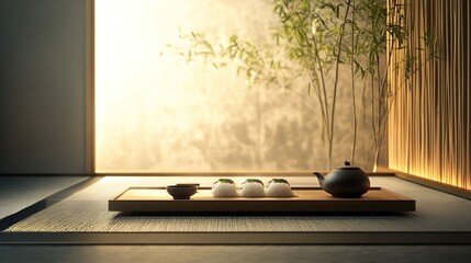 A serene Japanese tea and sushi pairing in a minimalist setting.