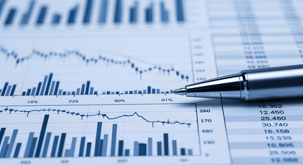 Detailed Blue Business Charts Graphs and Pen on Financial Report Document for Data Analysis and Tracking Market Trends