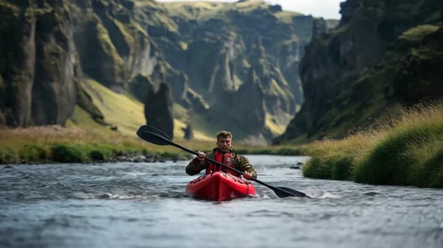 Kayaking in the Canyon: A lone kayaker fearlessly navigates the rugged beauty of a canyon river, surrounded by towering cliffs and lush vegetation, embracing the spirit of adventure. 