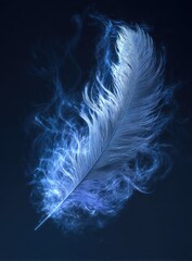 A single, white feather engulfed in ethereal, swirling blue flames against a dark background.  The feather appears almost translucent, with the flames subtly illuminating its delicate barbs