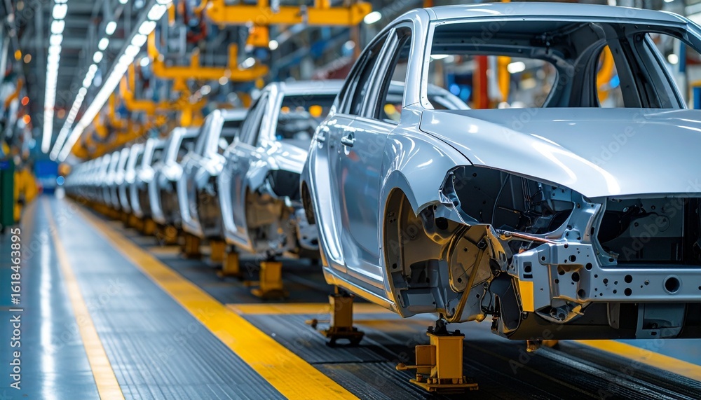 Poster assembly line of new cars in a modern factory, highlighting the automation and precision of automoti
