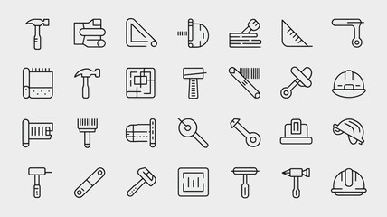 Vector art of collection of construction tools icons isolated on white background in outline style