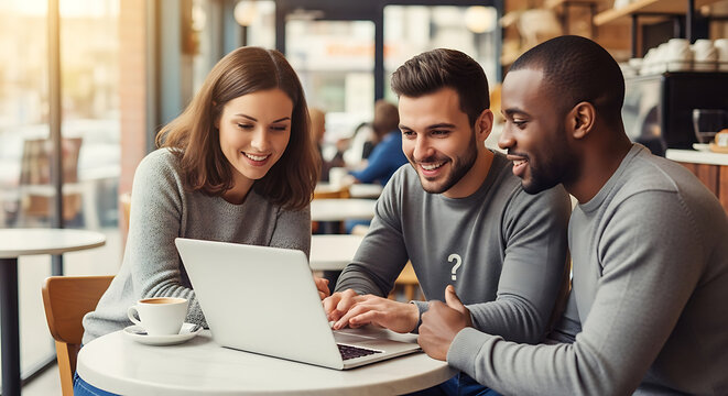 Three diverse friends smiling and collaborating on a laptop in a bright, sunlit cafe.
