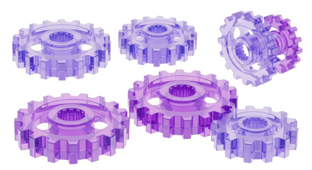 Transparent purple gears rotating isolated on white representing mechanical concepts with blurred light effects in background for technology presentations