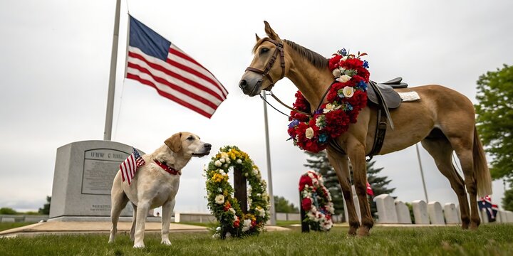 A loyal dog and a decorated horse stand solemnly beside a memorial and american flag honoring fallen heroes