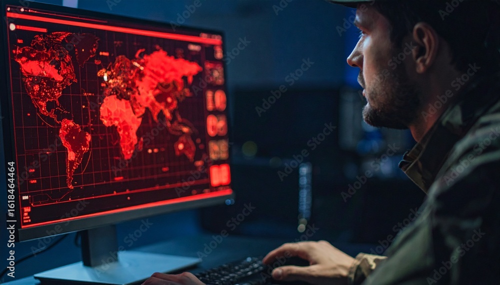 Aufkleber a man is focused on the computer screen in a dimly lit room, observing a global map