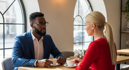 Diverse professional colleagues, a Black man and a blonde woman, in a serious meeting over coffee at a cafe table.