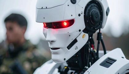Futuristic robot with glowing red eyes, symbolizing technology, security, and the future. The robot exudes a sense of advanced design