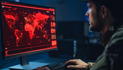 A man is focused on the computer screen in a dimly lit room, observing a global map