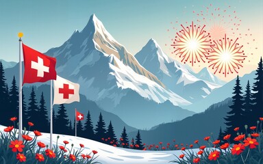 Swiss National Day Vector Illustration – August 1st Celebration with Flags, Alps, and Fireworks. High quality