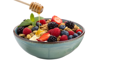 Delicious breakfast bowl with granola berries and honey a healthy start to your day good food photography