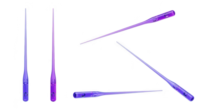 Purple pipette tips in various orientations are isolated on a white background used for scientific laboratory research
