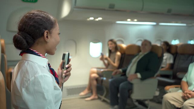 Flight attendant giving a safety briefing before the airplane departs.