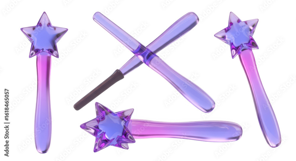 Poster 3D render of multiple transparent wands in various poses isolated on white suitable for fantasy or magic related visuals