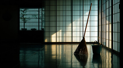 Minimalist Zen Room with Broom and Bucket in Soft Ambient Light