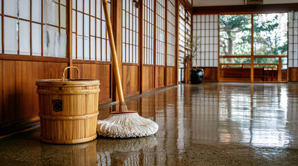 Traditional Japanese Hallway with Mop and Woven Basket by Shoji Doors