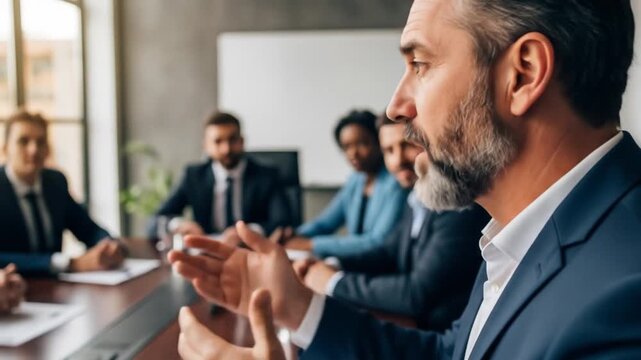 Confident Business Leader Addressing Diverse Team in Modern Boardroom Meeting, Discussing Corporate Strategy and Collaboration in a Professional Of...