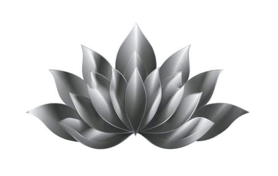 A lotus flower design logo, in silver and black colors, in a vector style, with a transparent background.