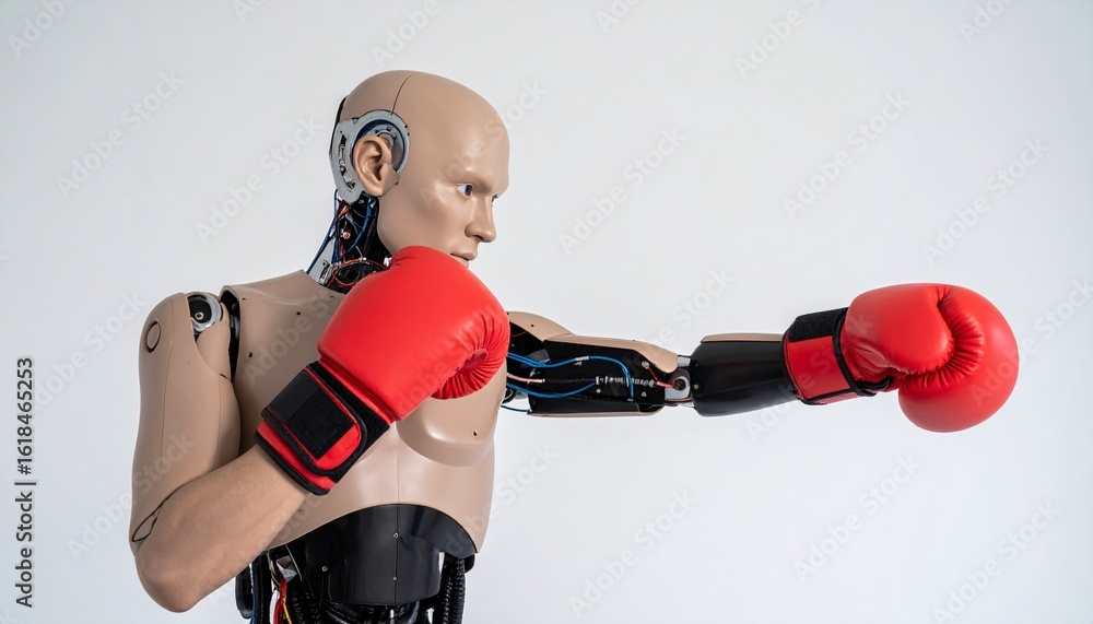 Poster a realistic robot in boxing action with red gloves, showcasing its mechanical arm in a dynamic pose.