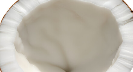 Close-Up Captures Half Coconut, Showcasing White Flesh, Texture, and Tropical Fruit Details