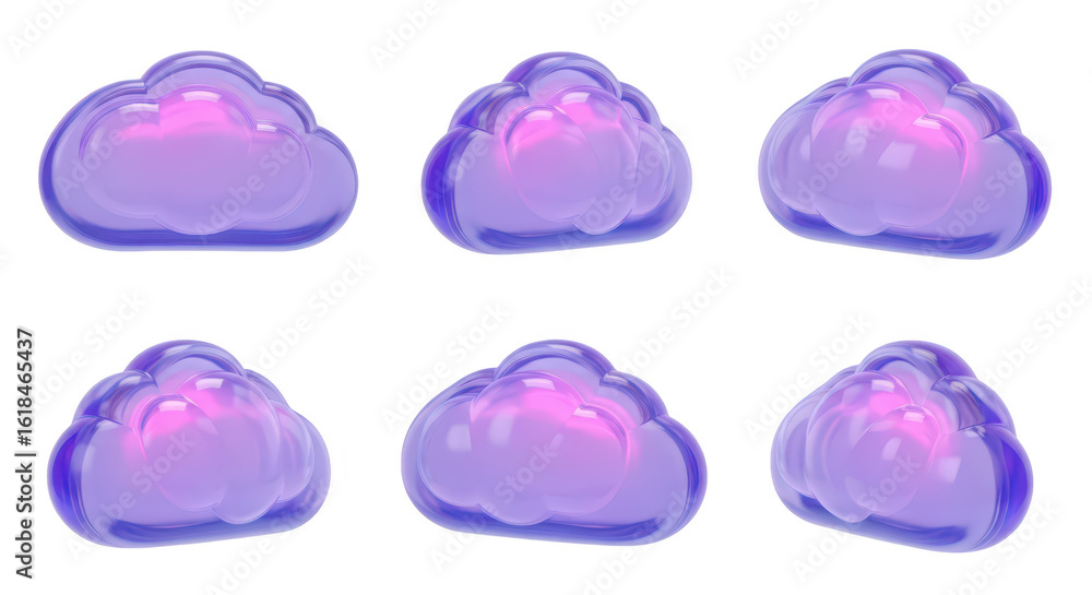 Poster 3d rendered purple clouds in different angles isolated on white showcasing weather icon usage and di