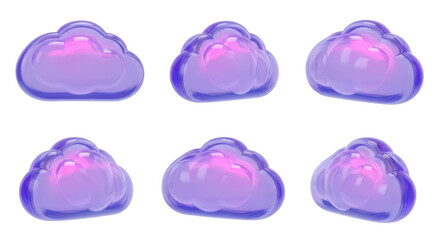 3D rendered purple clouds in different angles isolated on white showcasing weather icon usage and digital artwork elements