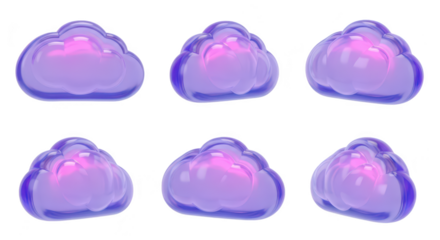 3D rendered purple clouds in different angles isolated on white showcasing weather icon usage and digital artwork elements
