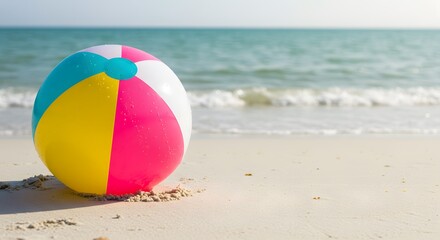 Obraz premium A beach ball resting on the sand with the ocean in the background
