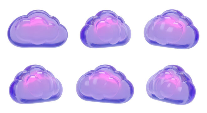 3D rendered purple clouds in different angles isolated on white showcasing weather icon usage and digital artwork elements