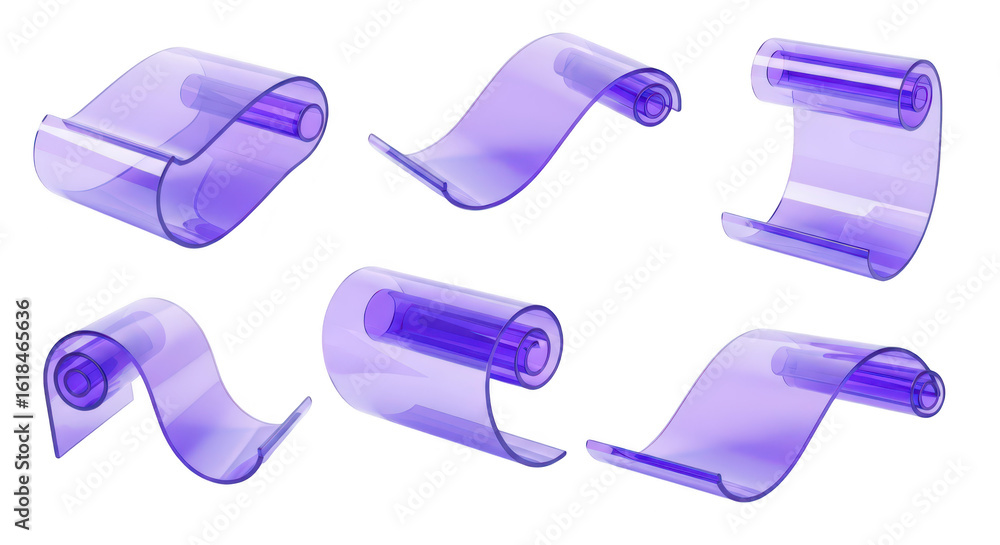Poster array of translucent purple scrolls curling and unrolling against a white background suitable for de
