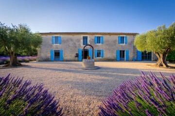 Idyllic Provencal farmhouse with blue shutters surrounded by olive trees and a fragrant lavender garden