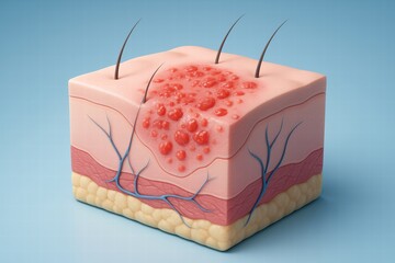 Detailed 3D cross-section of human skin showing eczema symptoms like redness, inflammation, and blisters for dermatology and medical use.

