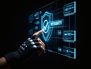 Cybersecurity and data integrity concept. A futuristic gloved hand interacts with a digital touch screen, selecting a security shield icon.