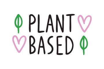 Plant based doodle hand made text, plant based lettering with leaves. Vegan and vegetarian food concept.
