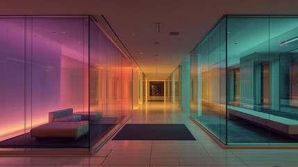 Glass-walled interior with neon edge lighting, gradient design, ambient reflections