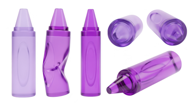 Transparent purple crayons arranged showing various states on a clean white background for illustrative or artistic purposes