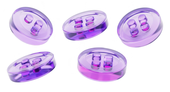 Five transparent purple capsule-shaped objects tilted at various angles isolated on a white background showcasing pharmaceutical/medical design