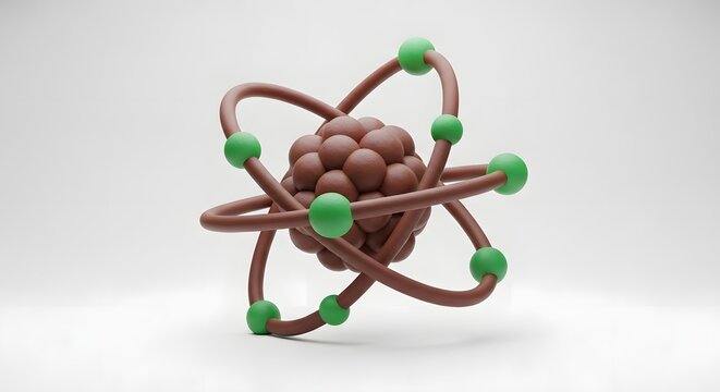 A stylized 3D model of an atom with a brown nucleus and green electrons orbiting on elliptical paths against a white background.