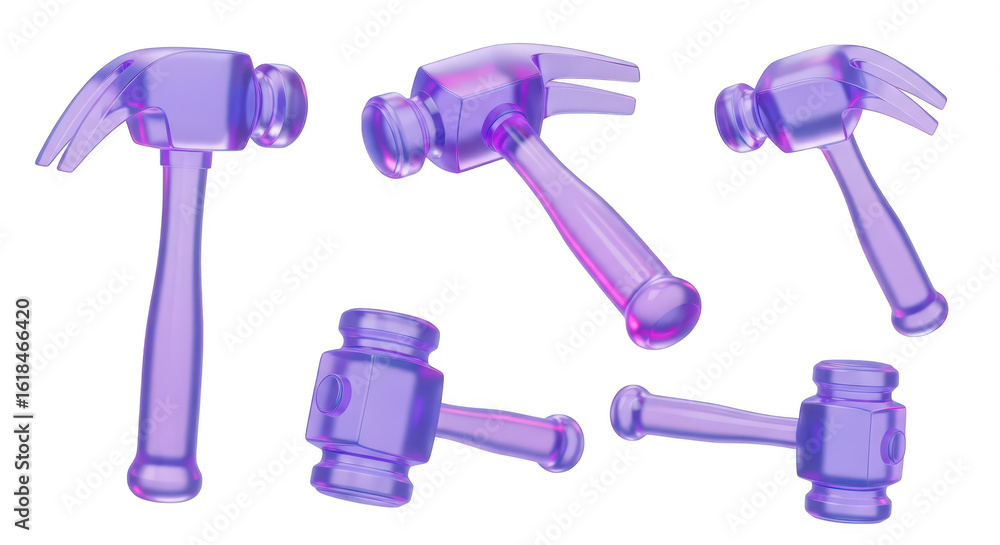 Poster transparent purple hammers in various positions isolated on a white background showcasing their desi
