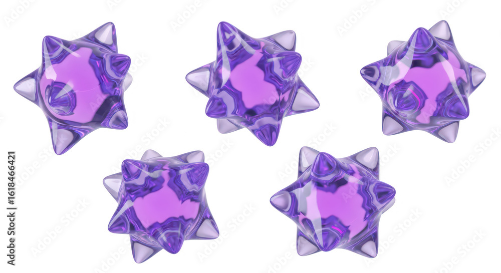 Poster five abstract crystal-like spiky shapes floating on a clean white background useful for creative des