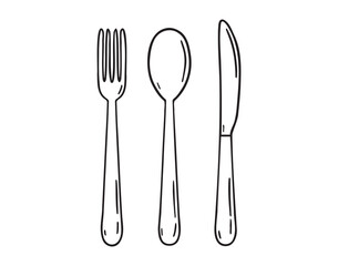 spoon, fork and knife icon doodle hand drawn. Outline drawing spoon, fork and knife line clipart symbol