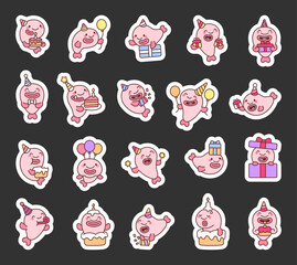 Blobfish birthday cute kawaii character set with different party hats, cakes, candles, balloons, gifts, confetti, and joyful emotions for celebration and fun illustrations